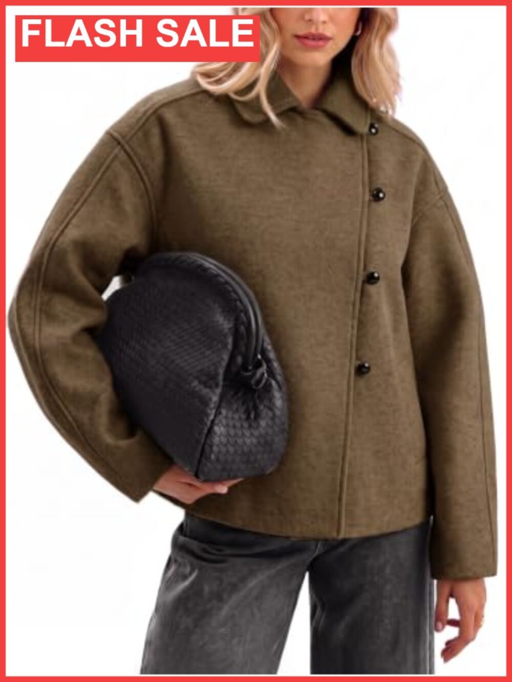 Cropped Faux Wool Pea Coat Button Down Collared Jacket